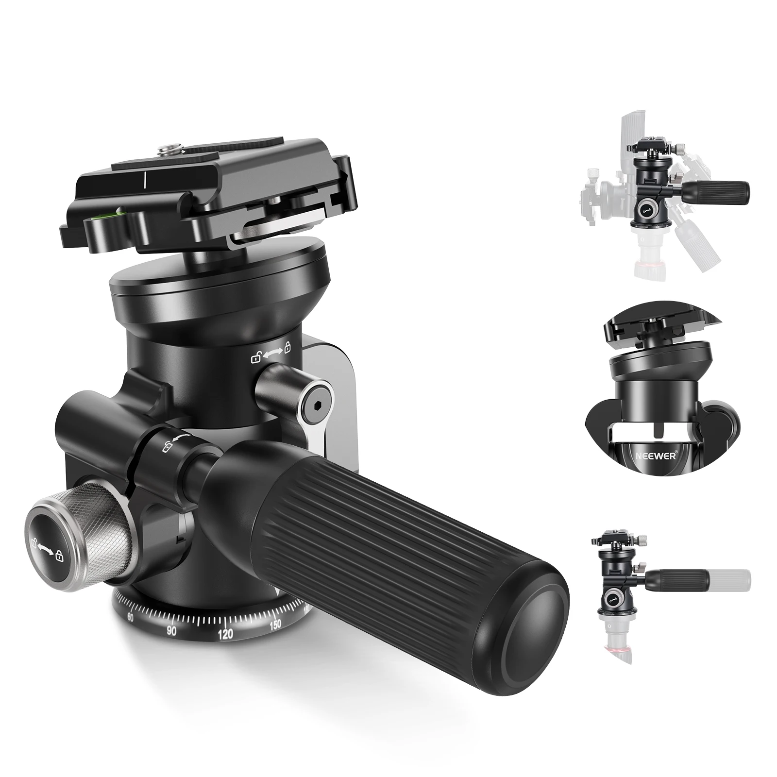 2-Way Geared Tripod Head with Millimeter Micro Adjustment 360° Panoramic Arca Q