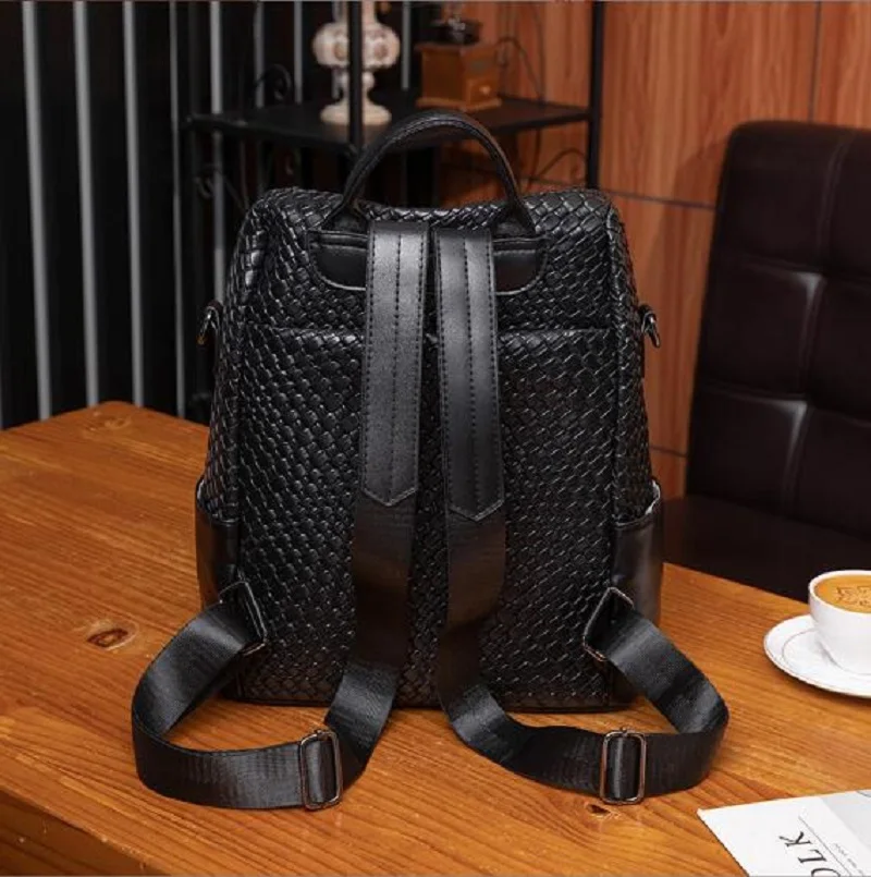 New Fashion High Quality Woven Soft Leather Backpack Women Large Capacity Travel Shoulder Bags School Bag Leisure Backpacks 3