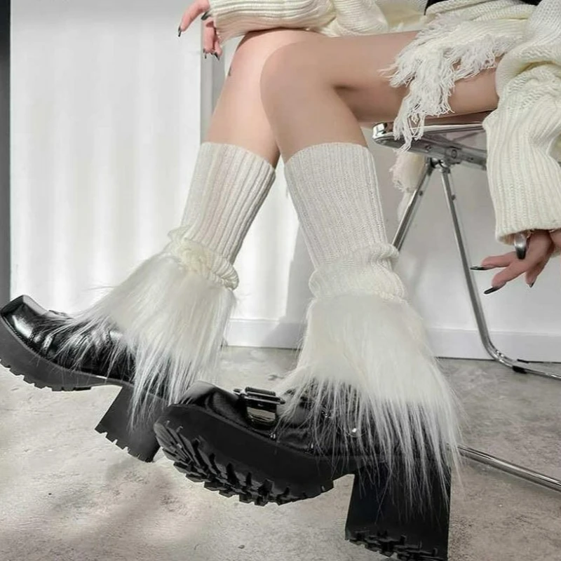 Women's Artificial Fur Leg Warmers Harajuku Y2K Lolita Autumn Winter Black and White Knitted Socks Leg Warmers for Women Girls
