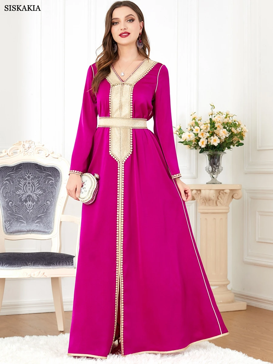 

Jalabiyat Ramadan Elegant V-Neck Lace Tape Panel Belted Dress Moroccan Kaftan Robe Dubai Abaya Luxury For Muslim Women