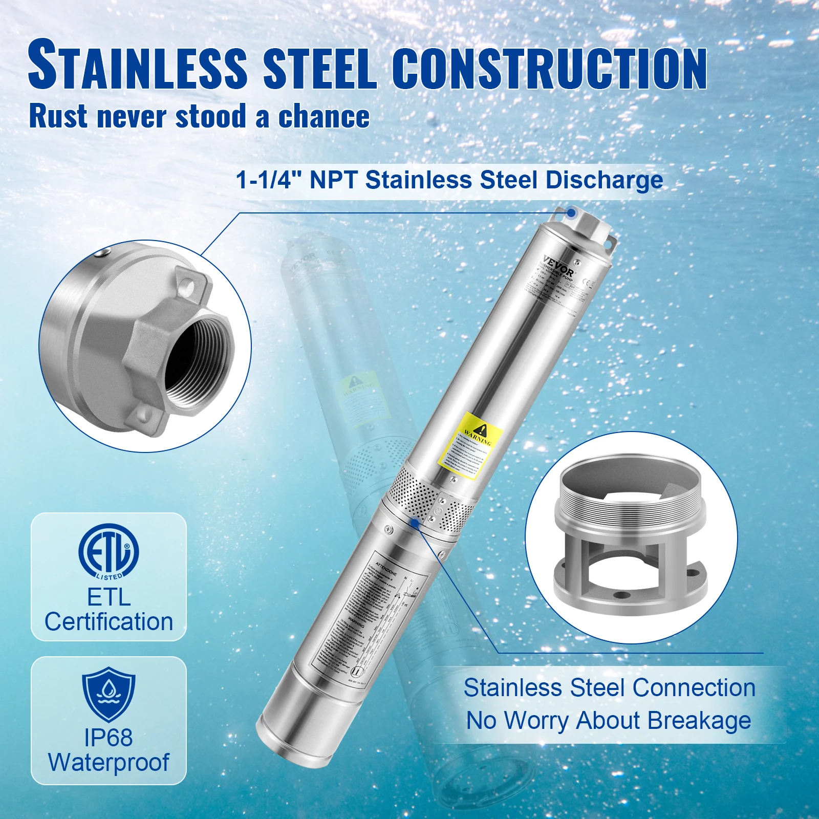 Water Pump VEVOR Deep Well Submersible Pump 0.5/1/1.5/2/3 HP 230V/60Hz Stainless Steel Water Pumps for Industrial, Irrigation & Home Use
