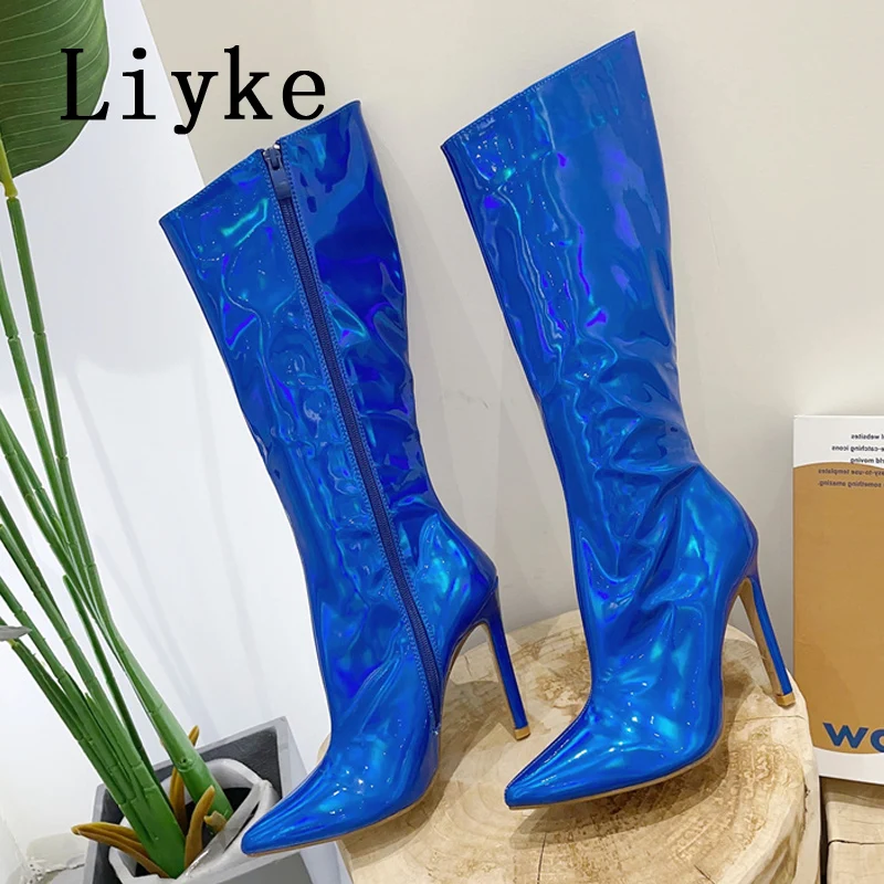 Liyke 섹시한 파티 나이트클럽 스트리퍼 무릎 높이 부츠, 부드러운 페이턴트 가죽, 포인티드 토 힐, 지퍼 부츠, 녹색