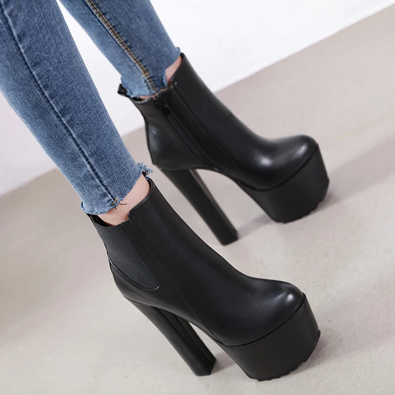 Comemore 16cm High Heel Women's Boot Winter Women Chelsea Ankle Boots Pipe Platform Thick Heels Women Shoes Elegant