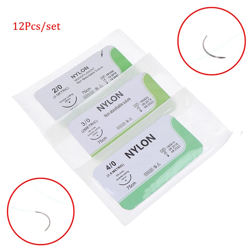 

12Pcs Nylon Stainless Steel 2.0/3.0/4.0 Needle Suture Nlon Medical Thread Sterile Surgical Practice Teaching Demonstrations