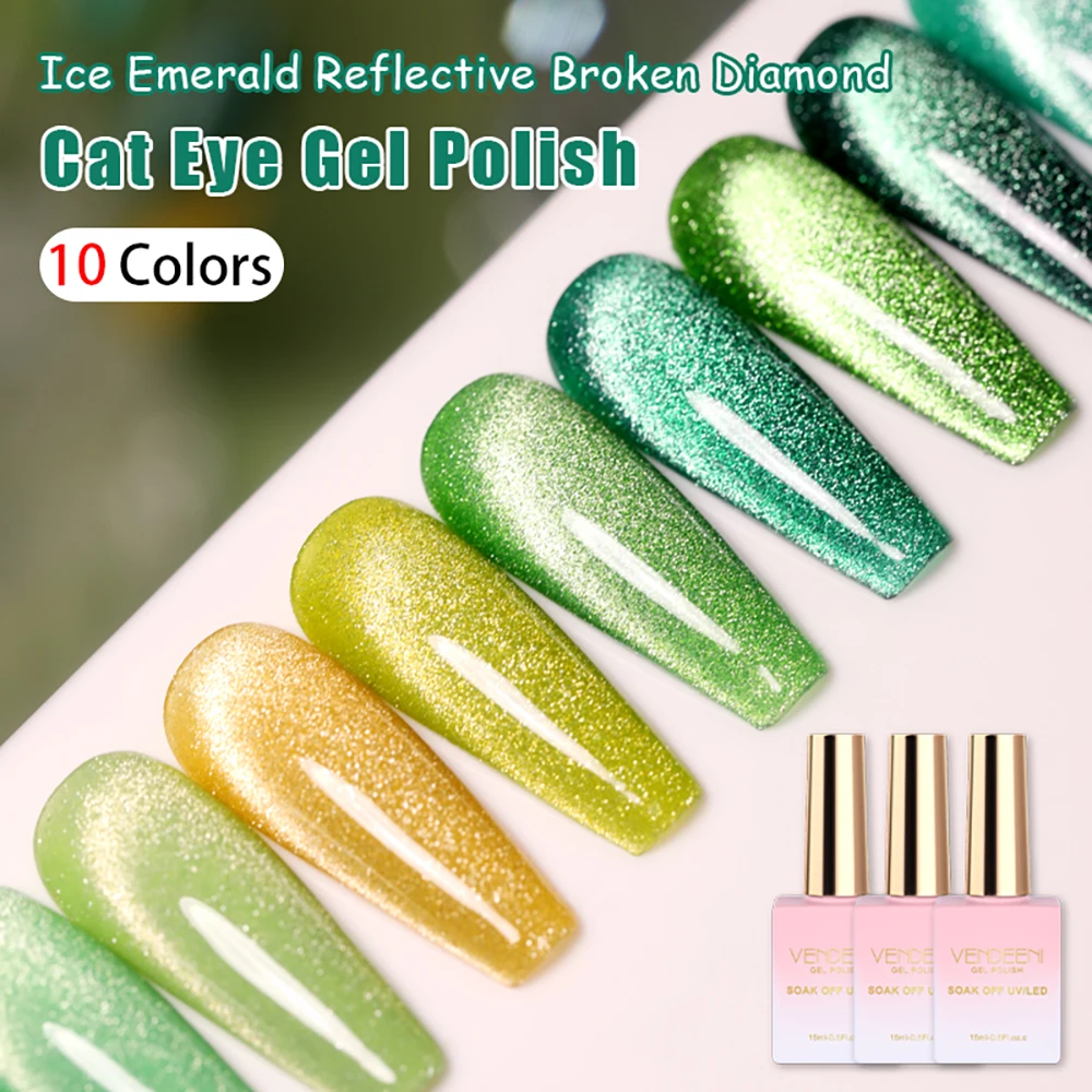 

Vendeeni 10 Colors Ice Emerald Glitter Broken Diamond Cat Eye Nail Gel Polish Green Magnetic UV LED Soak Off Gel Varnish Lacquer