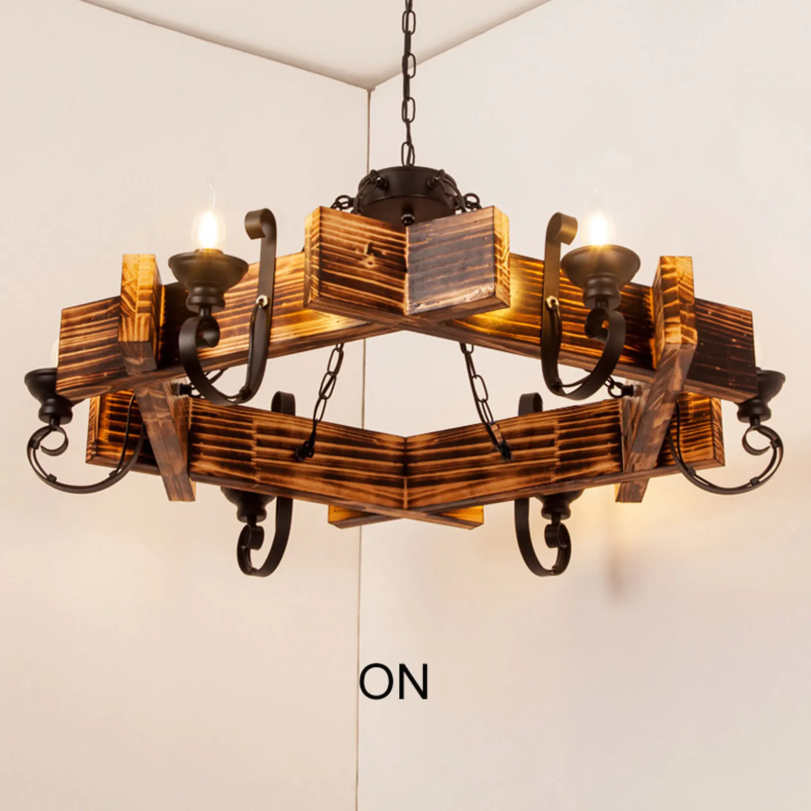 Retro Rustic Ceiling Light Wood Iron Round Chandelier Industrial Pendant Fixture Rustic 6-Light Candle Lighting