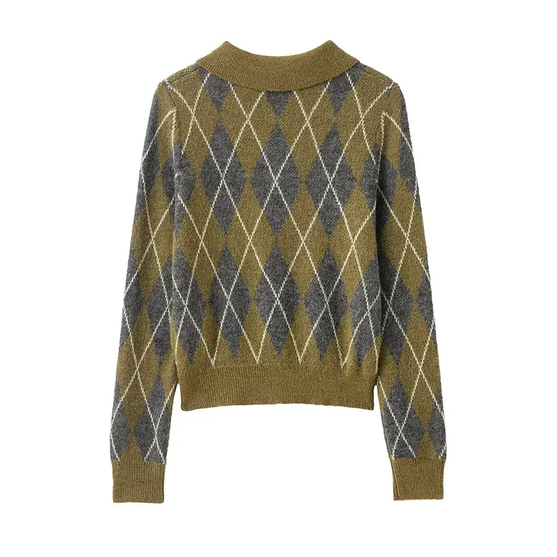 Vintage Casual Chic Women Sweater Argyle Long Sleeve Knitted Pullover Top Fashion 2025 Autumn Winter Short Sweater