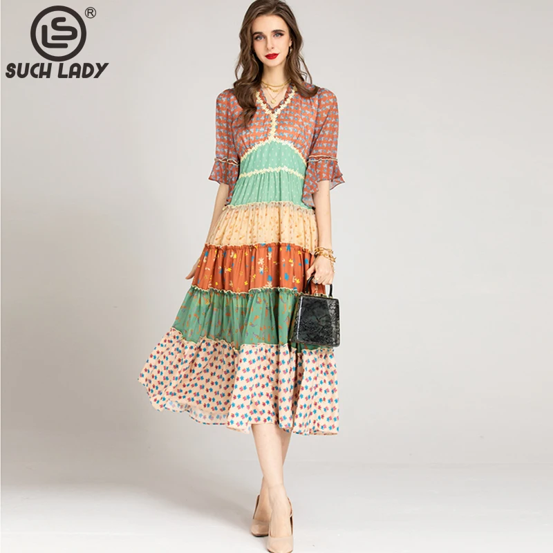 

Women's Runway Dresses V Neck Flare Sleeves Printed Tiered Fashion Casual Mid Calf Dress Vestidos