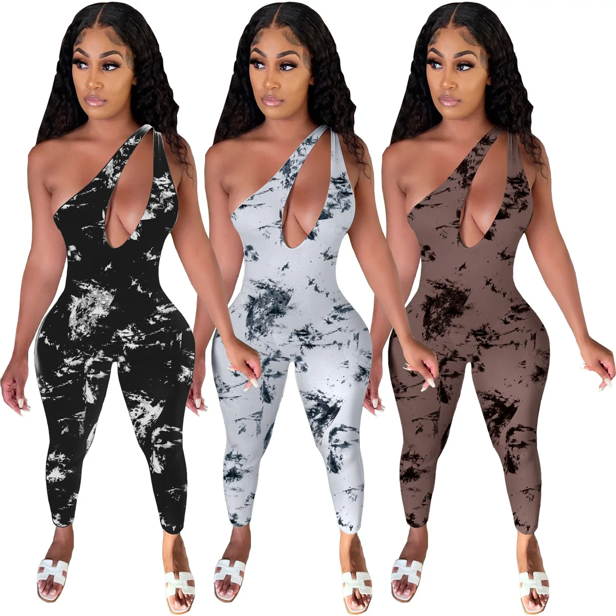 

Sexy Women One Shoulder Jumpsuit Print Cut Out Slim Bodycon Playsuit Long Romper Women Jumpsuit Overalls