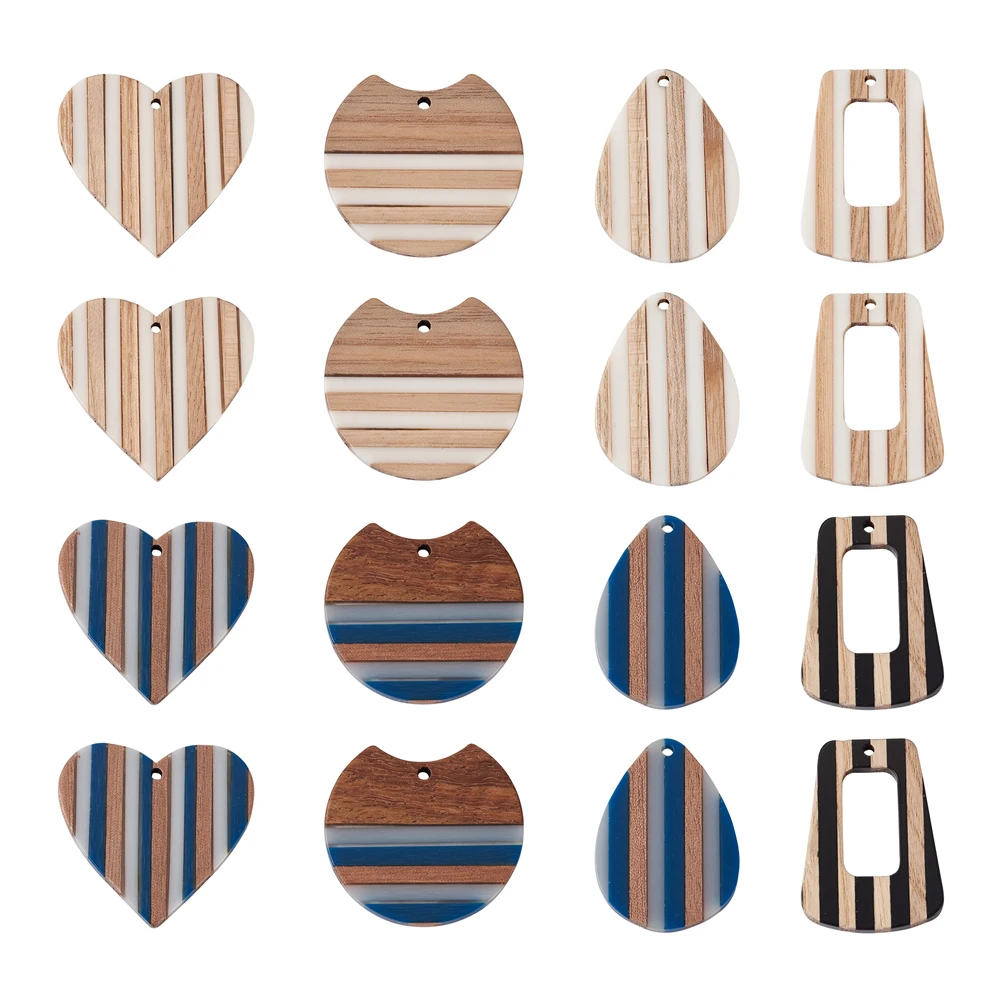 Kissitty 16 Pcs Mixed Shape Resin & Wood Pendant Jewelry Making Kit for Jewelry Making Necklaces Earrings DIY