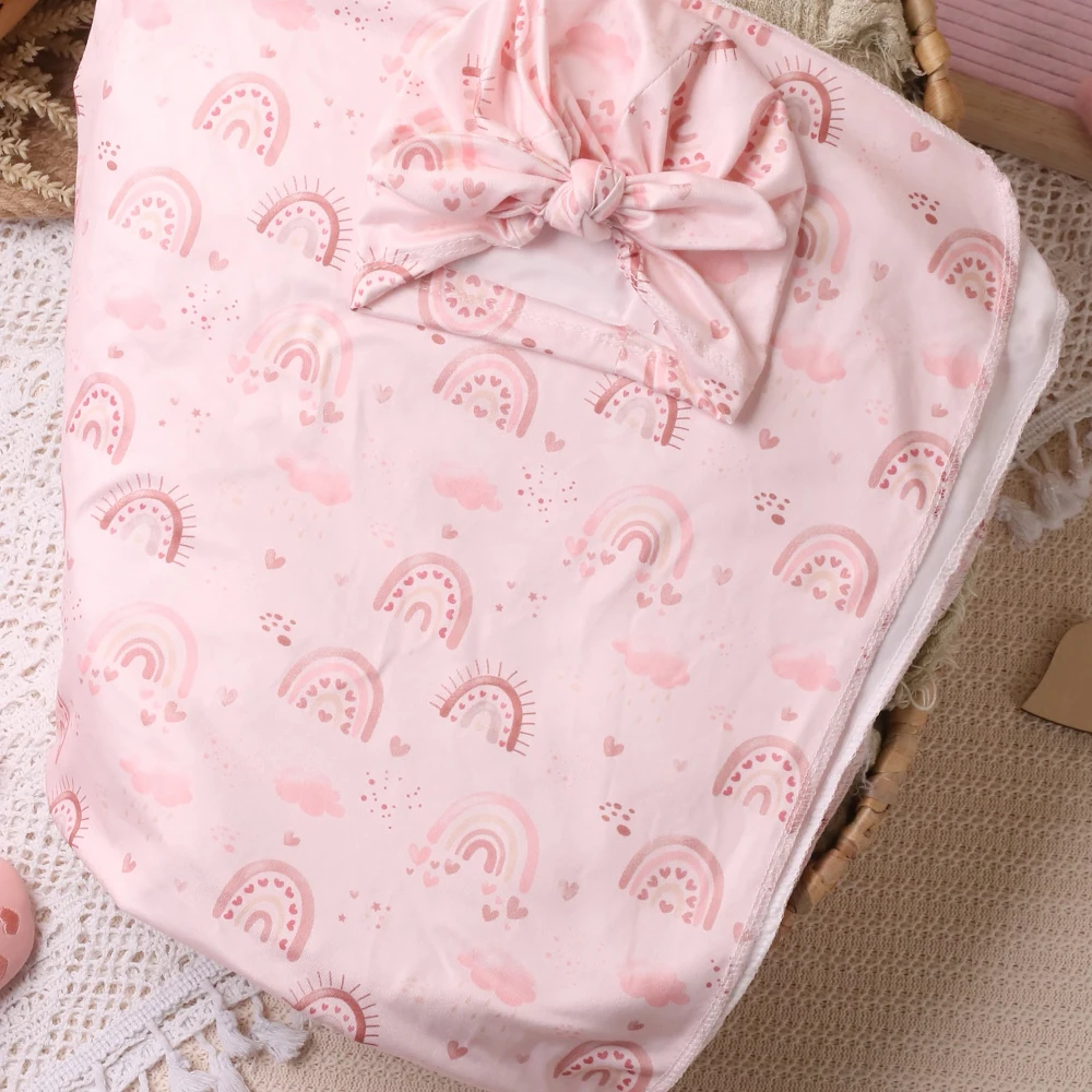 Ylsteed Newborn Receiving Photography Swaddle Blanket with Bow Turban Hat Infant Photography Props New born Photoshooting Wraps 4