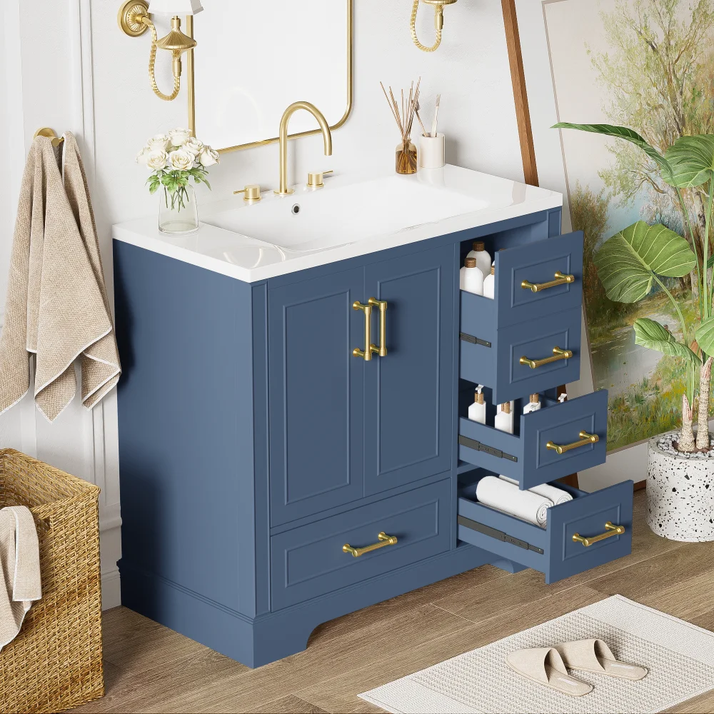 36 Inch Traditional Bathroom Vanity with Resin Sink Combo Set, Blue Bathroom Cabinet with Two Doors and Four Drawers 2
