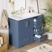 36 Inch Traditional Bathroom Vanity with Resin Sink Combo Set, Blue Bathroom Cabinet with Two Doors and Four Drawers 2