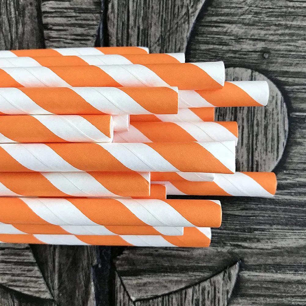 Striped Paper Straws Orange and White Friendly Straws for Juice Soda 25pcs