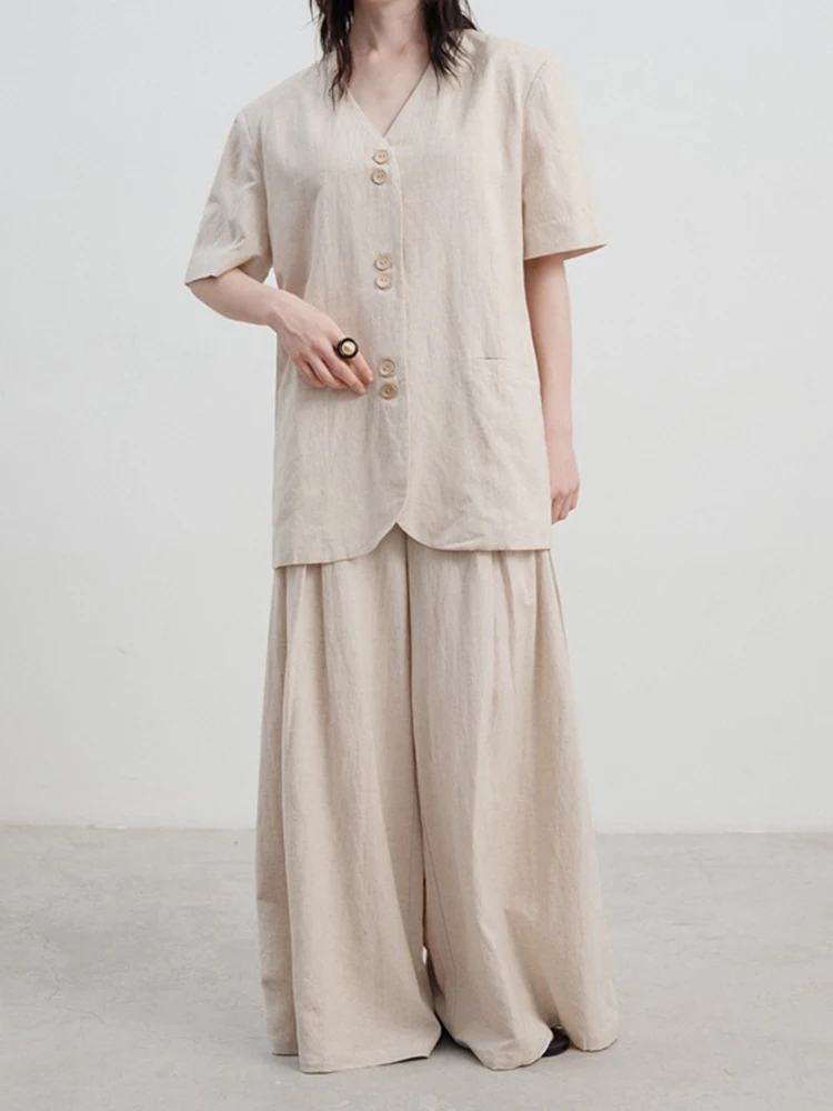 [LANMREM] Minimalism Linen Short Sleeve Blazers For Women V Neck Single Breasted Office Lady Jackets 2024 Summer New 26D9135