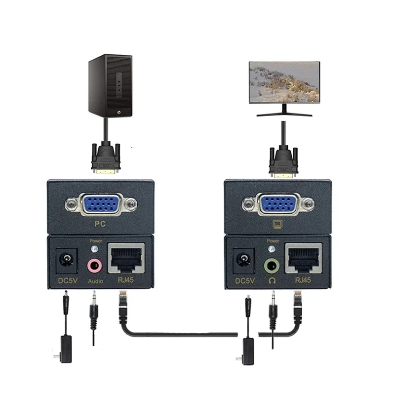 VGA Extender with Audio over Cat5/6 Cable to RJ45 Ethernet for PC Laptop Projector, vga extender splitter