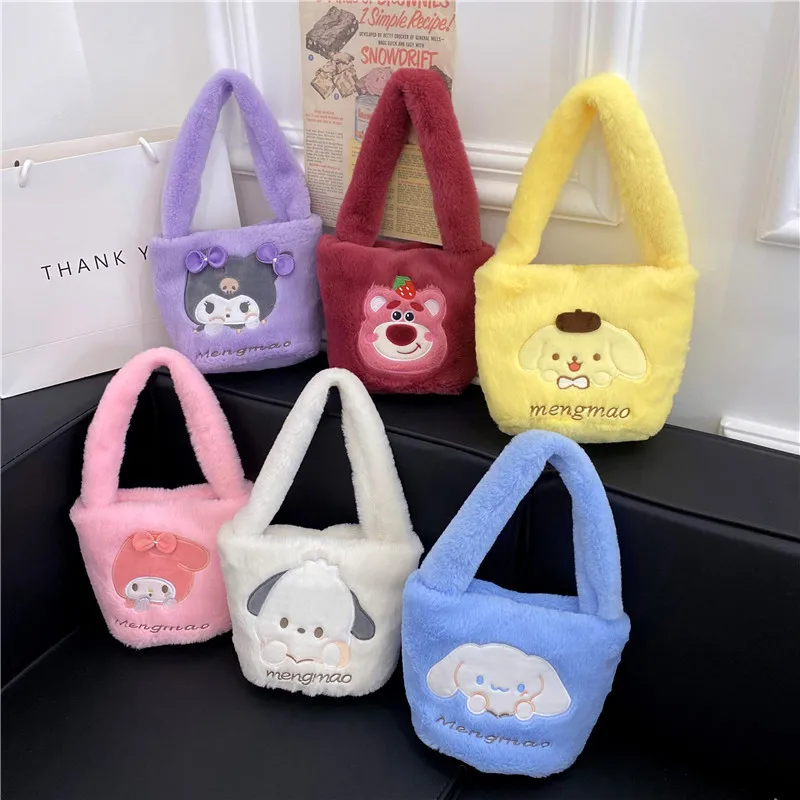 

New Sanrio Plush Handbag Cute Kulomi Plush Bag Kawaii Purin My Melody Cinnamoroll Hello Kitty Bucket Women's Bag Gifts for Kids