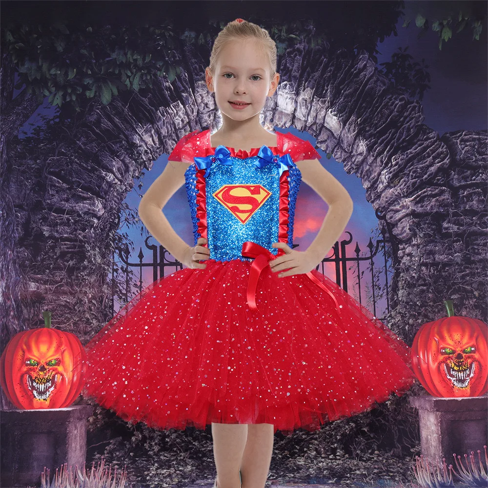 

Girl Superhero Cosplay Costume Supergirl Tutu Skirt Dress Children Halloween Outfits Red Dress Up Set