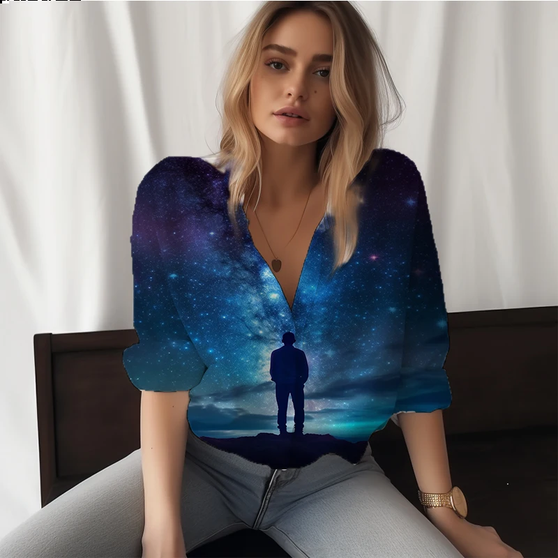 

Summer new lady shirt Starry sky 3D printed lady shirt casual vacation style ladies shirt trendy loose ladies shirt