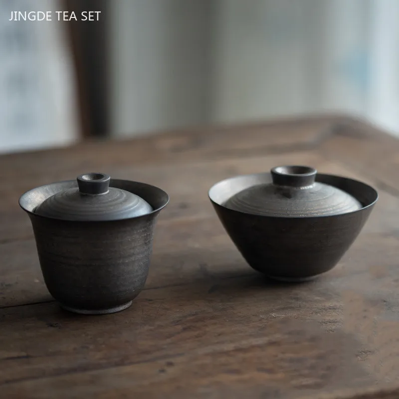 140ml Retro Coarse Pottery Cover Bowl Teacup Tradition Handmade Gaiwan Household Beauty Tea Bowl Chinese Ceramic Tea Infuser
