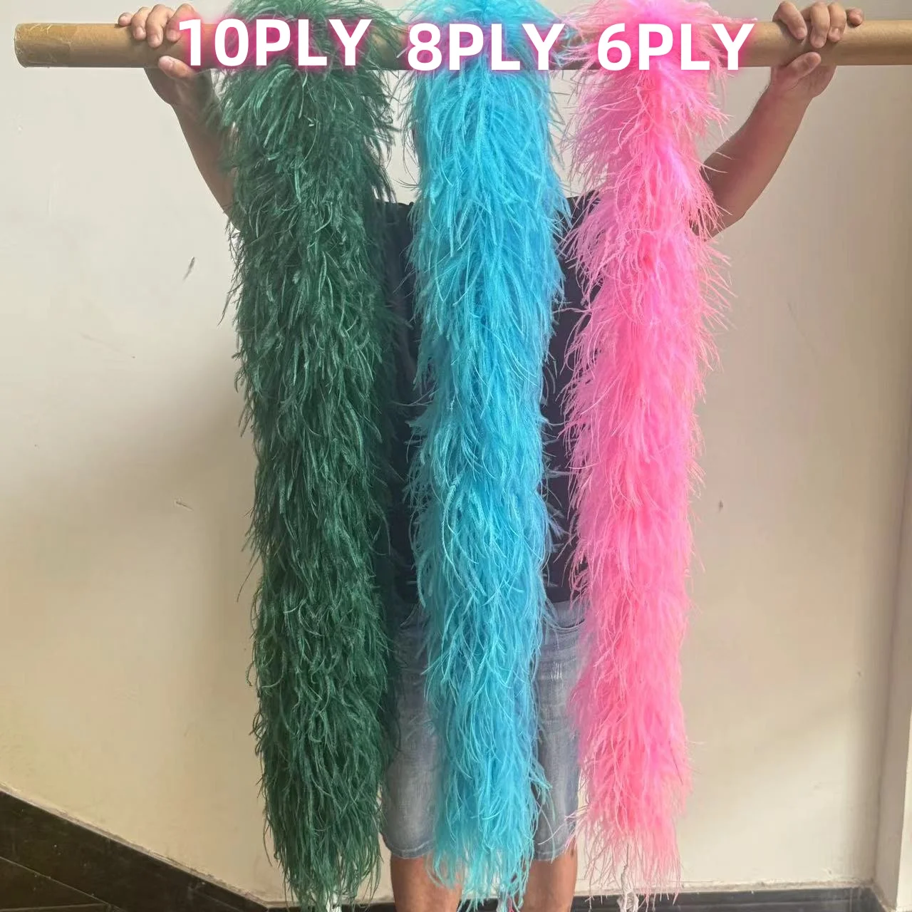 Description Picture 4 of item8ply 2 Meters Ostrich feathers boa Customized Fluffy Long Feather Trims for Dress Sewing Accessory Decoration Shawl Dyed