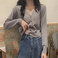 2025 Women's Long Sleeve Cropped Cardigan V Neck Button Down Knit Lady Autumn Spring Knitted Single-breasted Cardigan Sweaters - Image 3