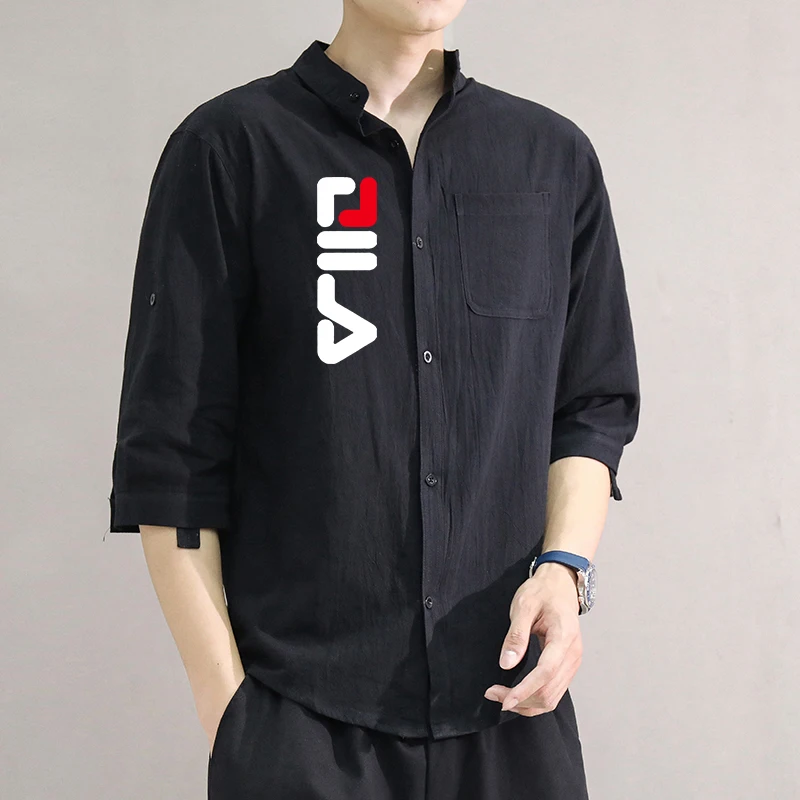 Men's Mid-Sleeve Shirt Linen Stand Up Collar Cotton Trendy Loose Multi-Size Casual Wear Crisp Five-Quarter Sleeve Top Quality