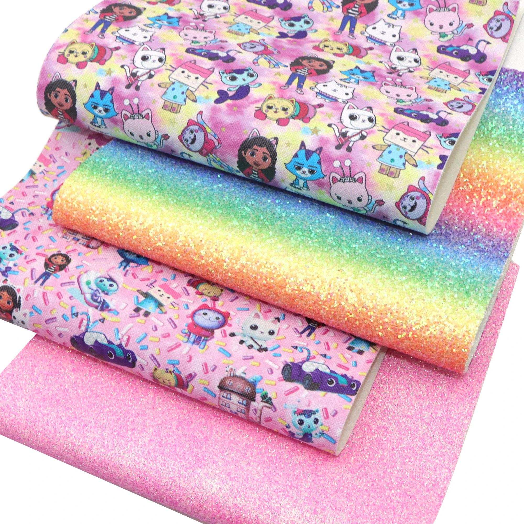 Cartoon Cat Gabbys Doll Printed Faux Leather Set Synthetic Leather Fabric Sheets for DIY Handmade Earrings Hair Bows Projects