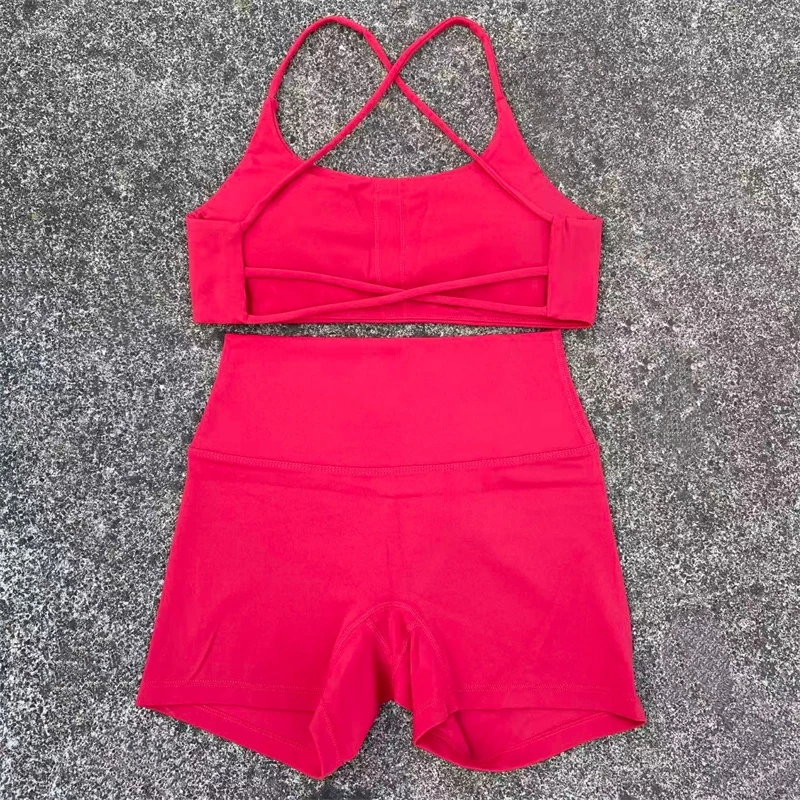 Women's Yoga Sports Set - Cross Straps Bra & High Waist Shorts Workout Outfit