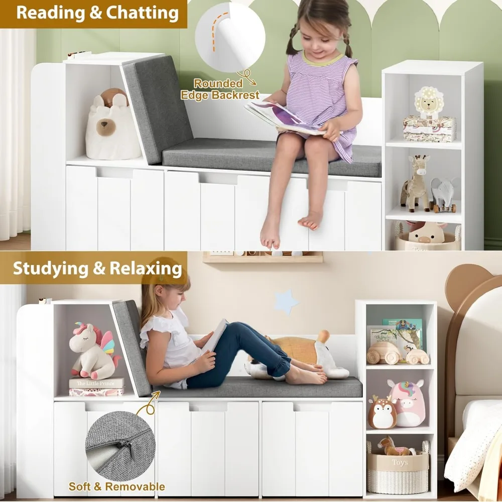 61.5" Kids Reading Nook with 3-Layer Bookshelf, Reading Nook for Kids with Double Bench and Rolling Drawers, Kids Bookshelf 6