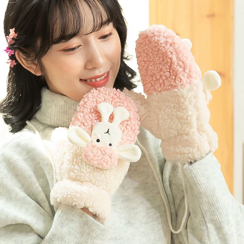 Cartoon Plush Lambwool Gloves Student Outdoor Cycling Writing Fingerless Glove Sheep Decoration Winter Soft Warm Furry Mittens casual outdoor solid color winter warm soft plush glove with ropes fingerless gloves riding mittens