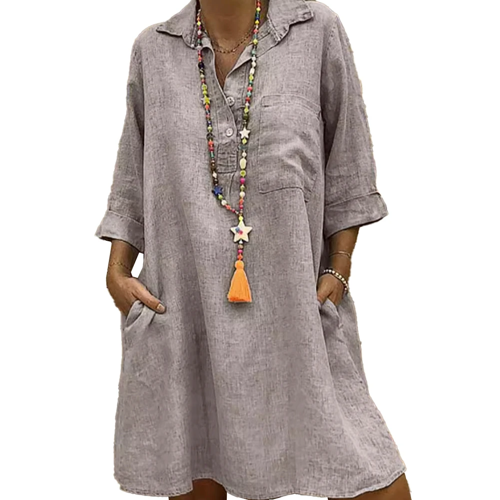 

Women Cotton Linen 3/4 Sleeve Vintage Shirt Dress Plain Loose Swing Dress Plus Size Long Cotton Beach Robe Vestido Lady Dresses