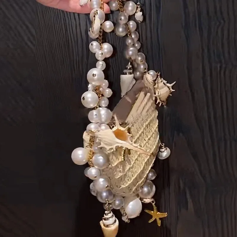 Cute Bohemian Pearls Straw Bag Hand-Woven Conch Starfish Handbags Half Moon Shoulder Bags Rattan Seaside Travel Underarm Pouch