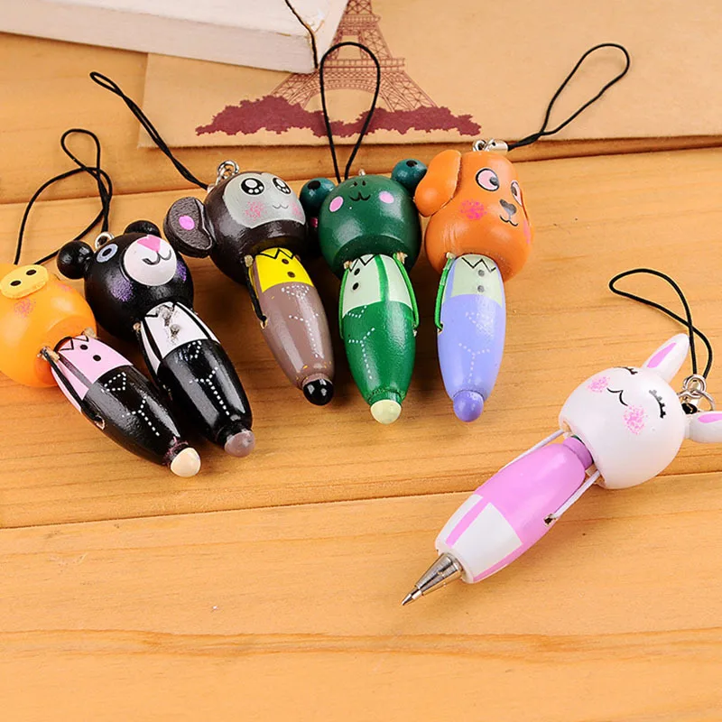 1 Pcs Creative Mini Kawaii Wooden Cartoon Animal Portable Phone Chain Ballpoint Pen Office Material School Supplies Stationery | Канцтовары