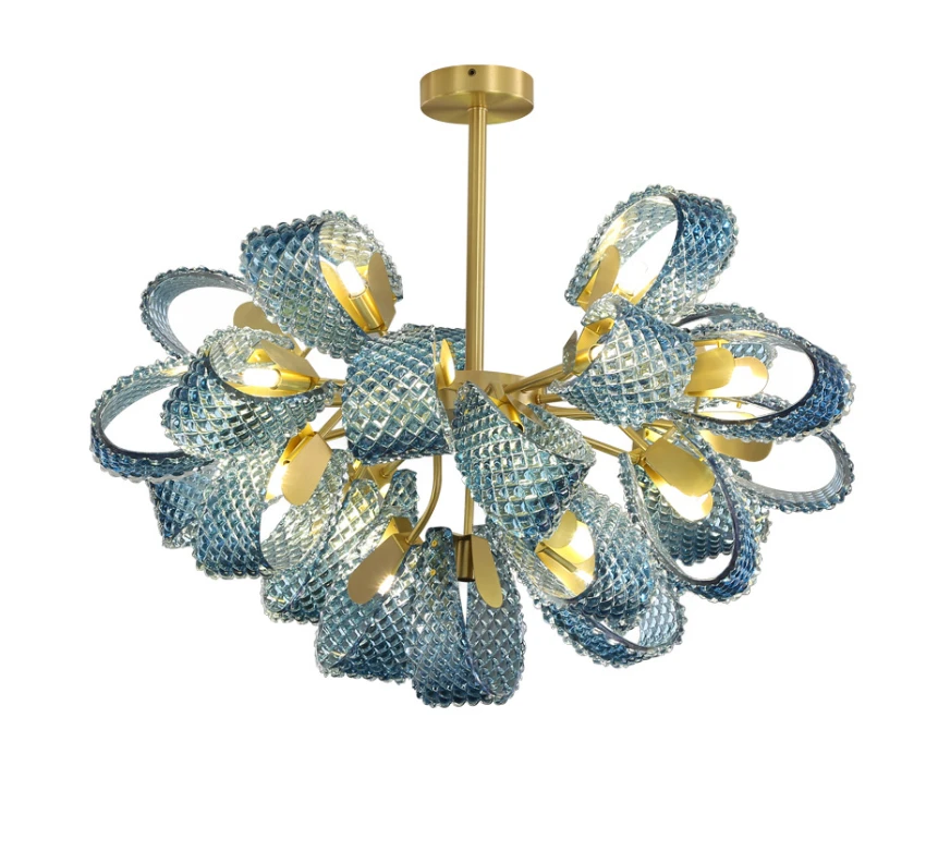 

Modern Luxury Flower Chandeliers Blue Copper Led Pendant Lamp Living Dining Salon Bedroom Home Decor Hanging Lightings