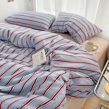 Simple Red and Blue Striped Duvet Cover and Four Piece Bed Sheet Set with Washed Cotton Bedding on the Bed 1