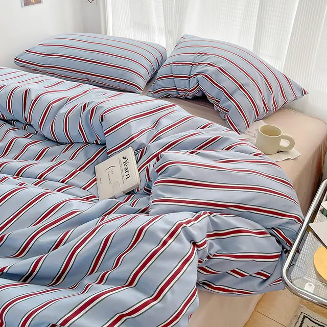 Simple Red and Blue Striped Duvet Cover and Four Piece Bed Sheet Set with Washed Cotton Bedding on the Bed 1