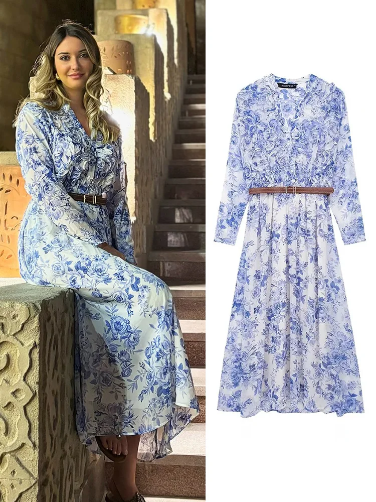 HH-TRAF-vestido-largo-con-estampado-Floral-para-mujer-traje-plisado-de ...