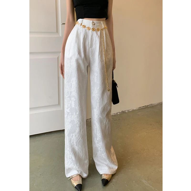Women Clothes Vintage Chinese Style Jacquard Chic Elegant Wide Leg Pants Office Lady High Waist Solid Straight Trousers Pantalon