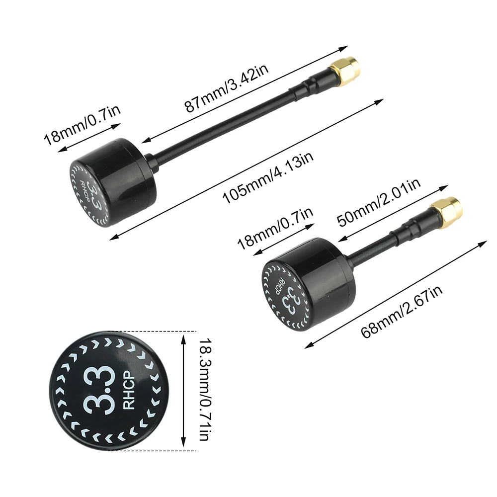 Antenne FPV 3.3G 4.5dBi polarisation circulaire posée sur une surface blanche, avec câble et connecteur visibles.