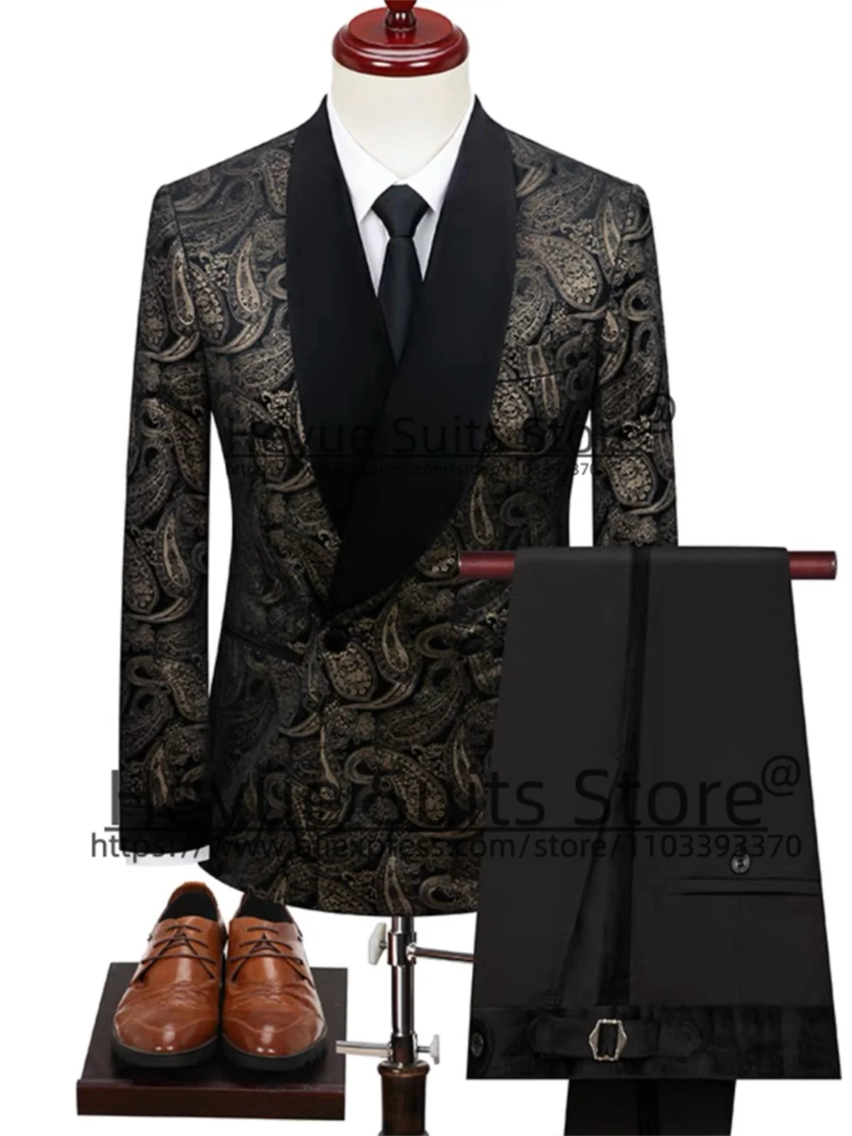 Luxuly Jacquard Pattern Men Suits Slim Fit Shawl Lapel Groom Wedding Tuxedos 2 Pieces Sets Business Male Blazer Costume Homme