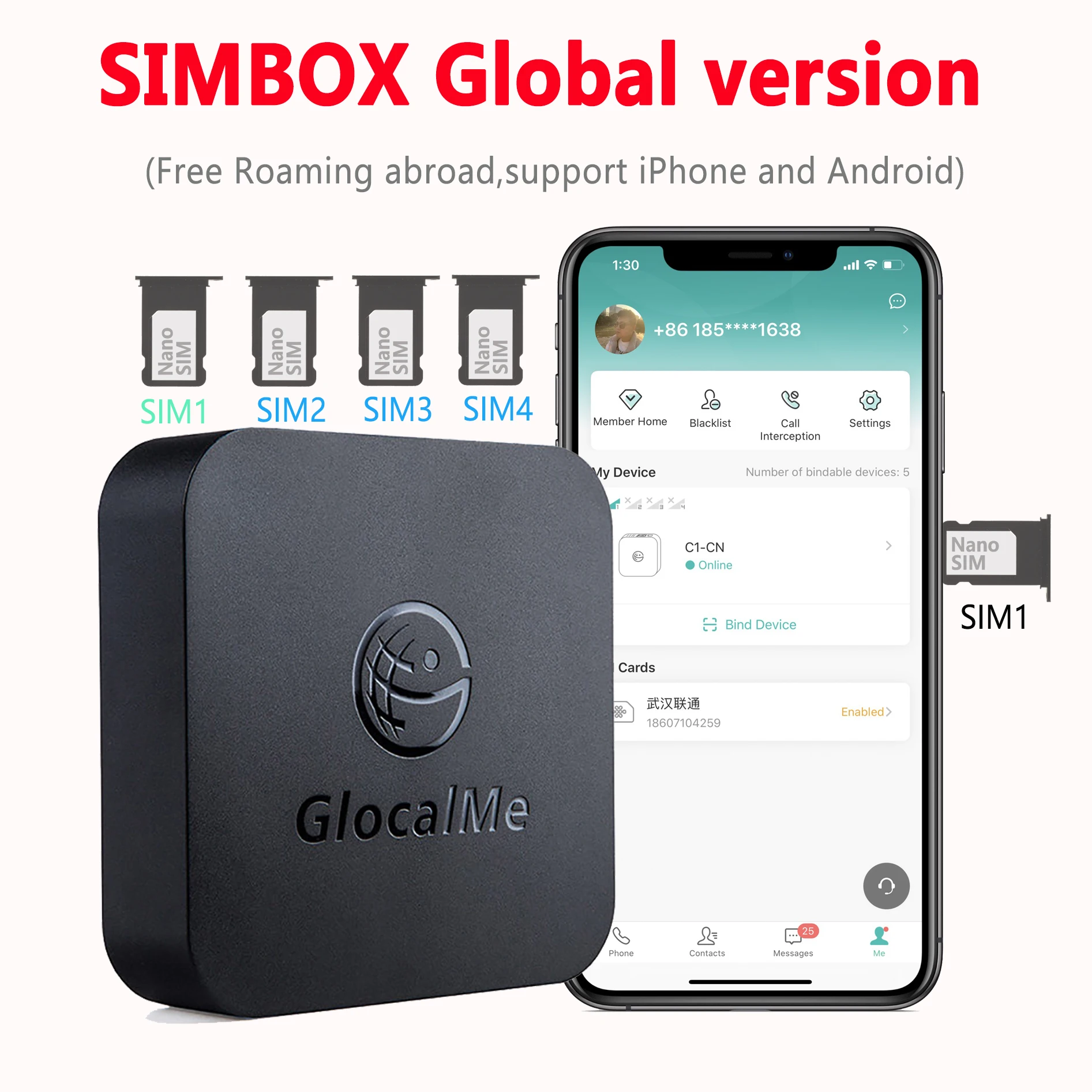 Glocalme-심박스 로밍 킬러, 글로벌 버전, 4SIM 슬롯 2SIM, 6-14 프로 맥스 및 안드로이드 심박용, 온라인 심박수 활성화
