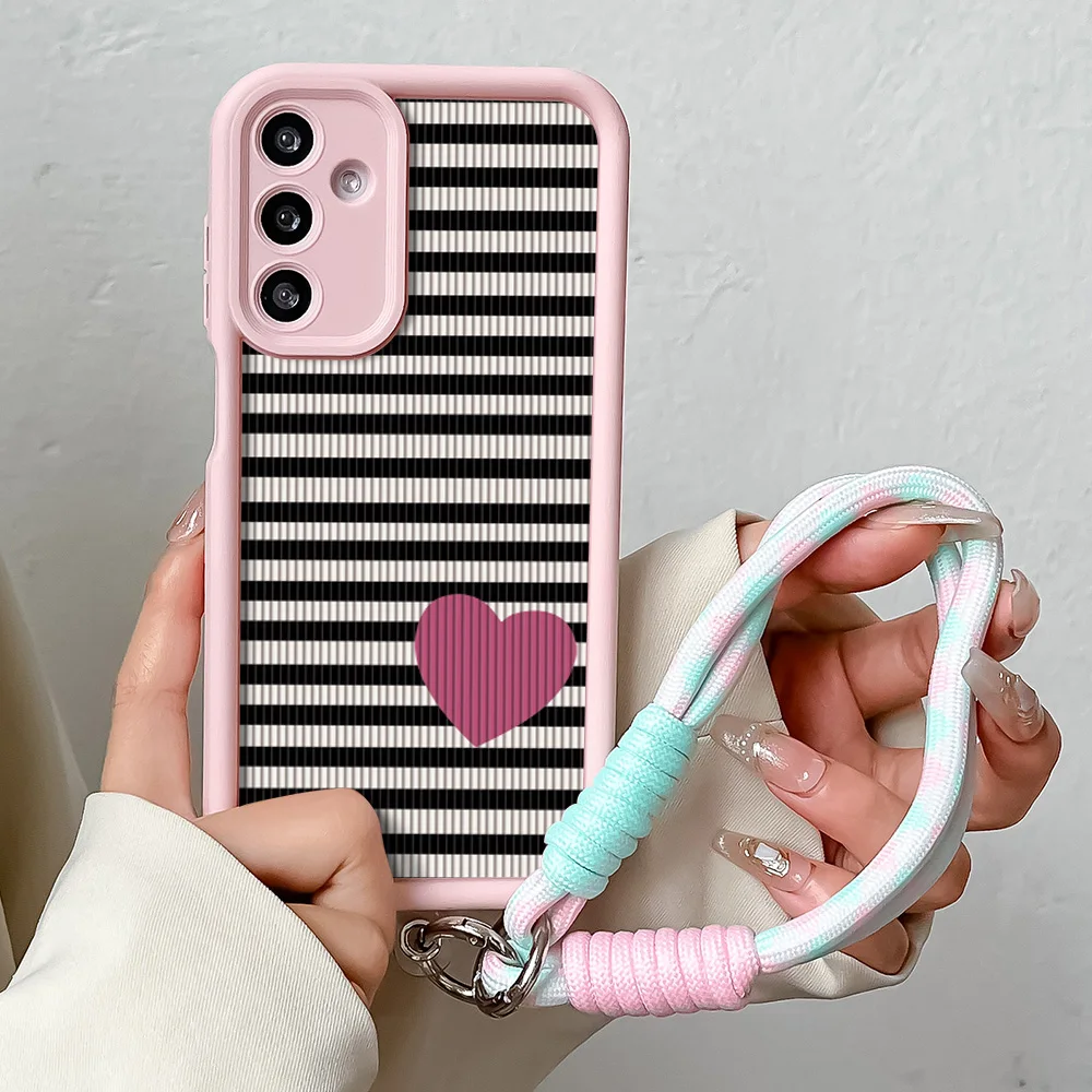 Stylish Stripe Pattern Wrist Chain Lanyard Case with Love Heart Design and Hanging Strap
