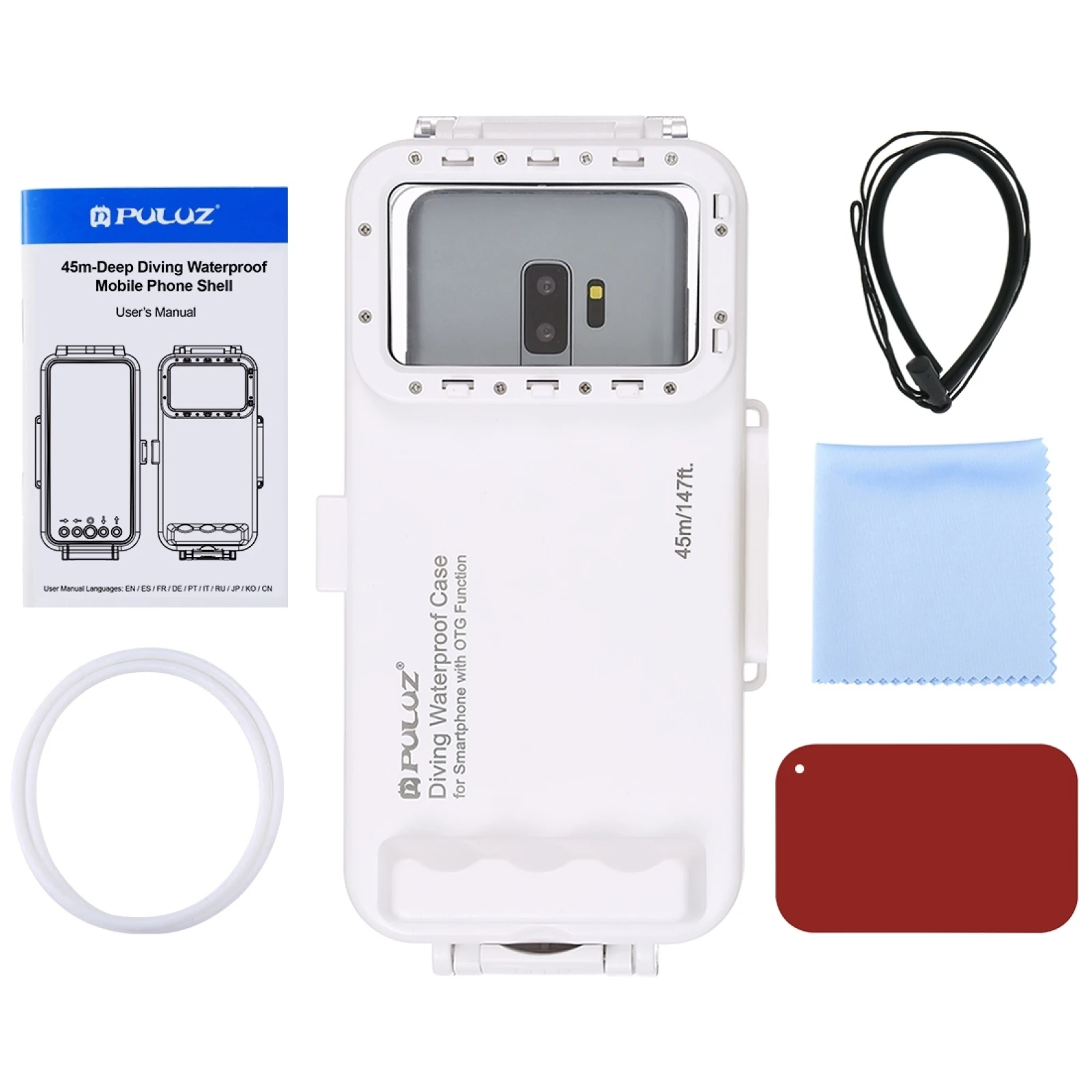 PULUZ 45M Waterproof Phone Case with Red Filter Neck Strap Cleaning Cloth for iphone Galaxy/ / Xiaomi and All Android OTG phone
