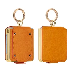 Elegant Black Faux Leather Phone Case with Finger Ring & Front Screen Protector - Galaxy Z Flip5 (Orange)