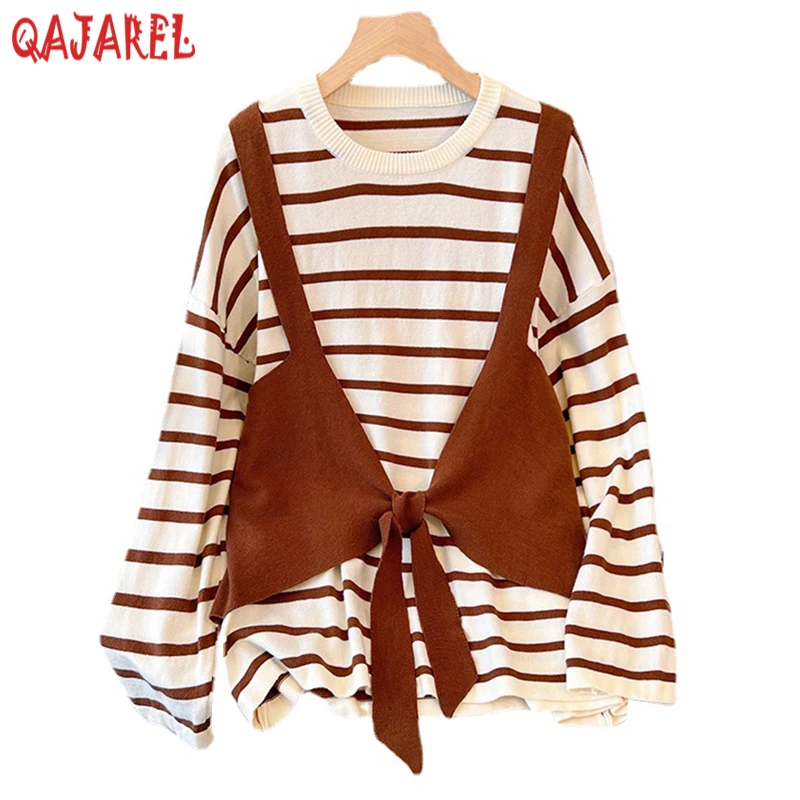 

2024 Black Striped Knitted Cotton Pullovers Women Patchwork Bow Fake Two Piece Coats Autumn Winter Korean Elegant Loose Sweaters