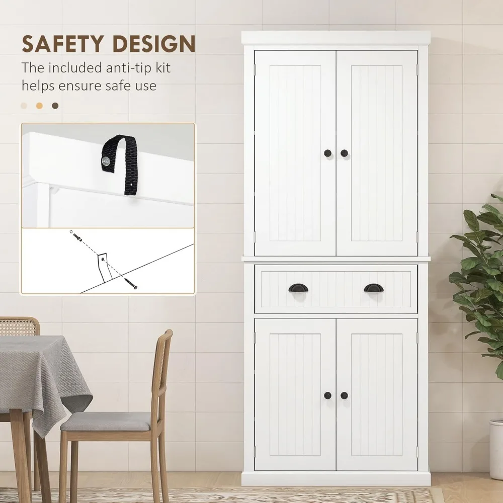 72" Kitchen Pantry Storage Cabinet, Traditional Freestanding Cupboard with 4 Doors and 3 Adjustable Shelves