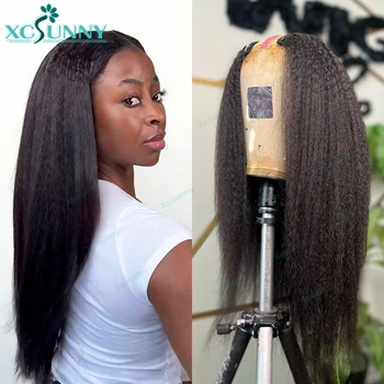 Kinky Straight V Part Natural Color Remy Human Hair Wigs No Leave Out Machine Made Upgrade Glueless Hair Wigs 1