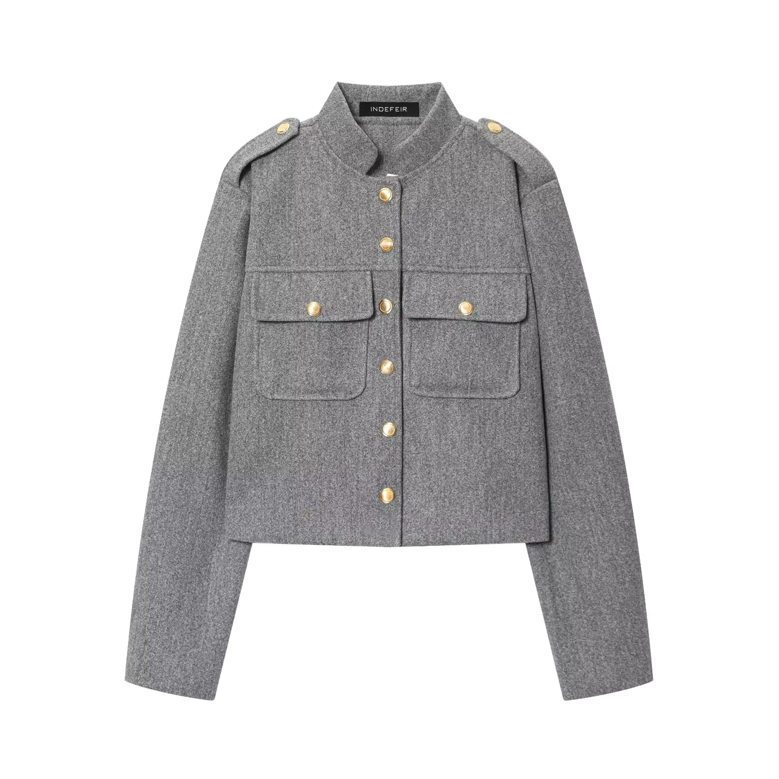 Women Soft Short Bomber Jacket Stand Collar Long Sleeve Pockets Single Breasted Female Leisure Commuting Woolen Coat Streetwear