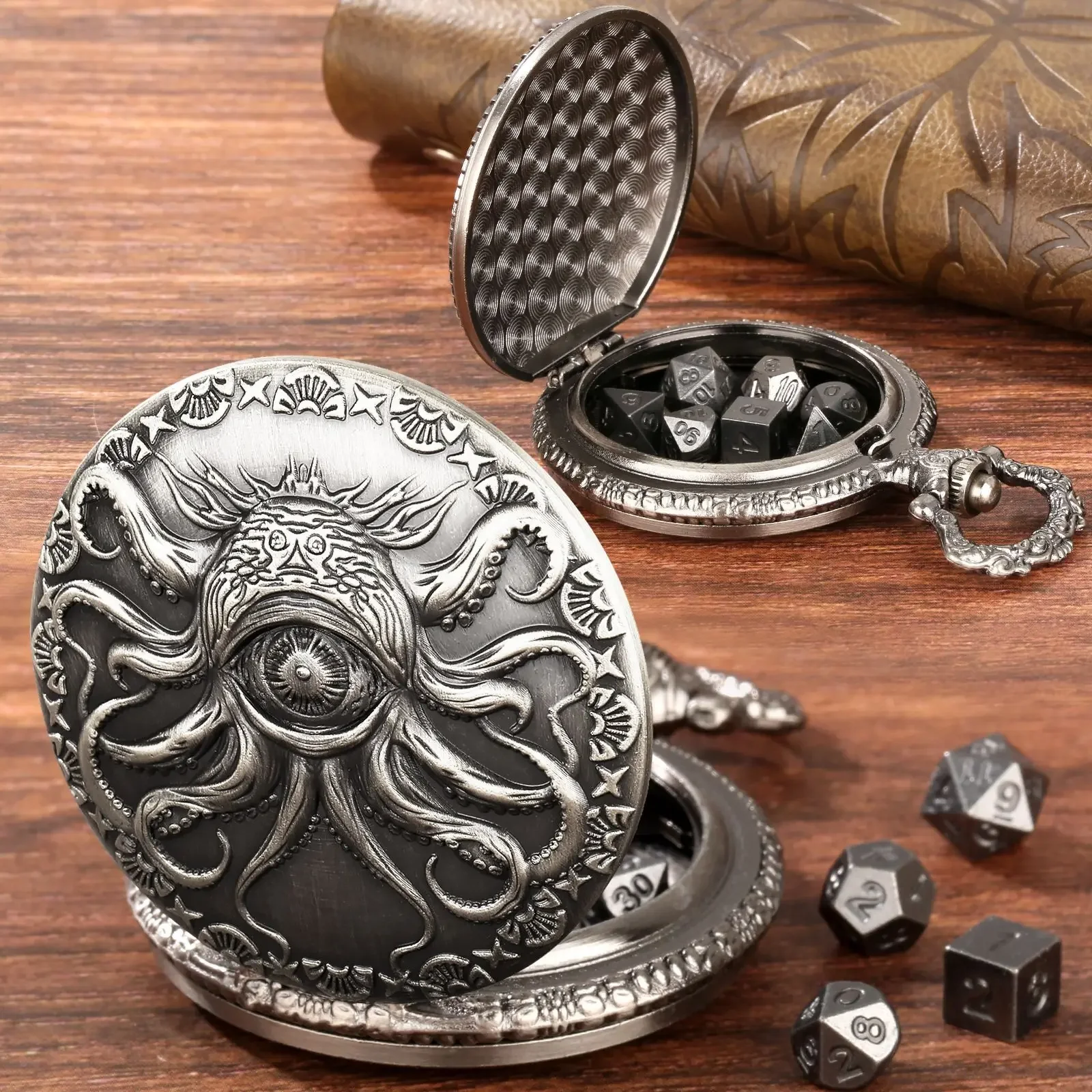 Retro One Eyed Octopus Relief Pocket Watch Case with DND Dice Thick Waist Chain Jewelry Accessories Gifts